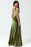Olive A Line V-Neck Sleeveless Velvet Bridesmaid Dress with Slit