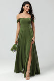 Olive A Line Off The Shoulder Chiffon Bridesmaid Dress with Slit