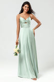 Green A Line Spaghetti Straps Keyhole Bridesmaid Dress with Slit