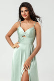 Green A Line Spaghetti Straps Keyhole Bridesmaid Dress with Slit