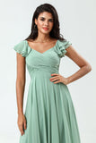 A Line Lace-Up Back Chiffon Green Bridesmaid Dress with Ruffles