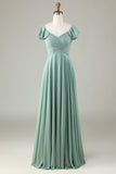 A Line Lace-Up Back Chiffon Green Bridesmaid Dress with Ruffles