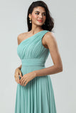 Sea Glass Stunning A Line One Shoulder Long Bridesmaid Dress with Ruched