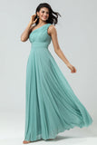 Sea Glass Stunning A Line One Shoulder Long Bridesmaid Dress with Ruched
