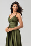 Olive A Line Spaghetti Straps Long Bridesmaid Dress with Ruffles