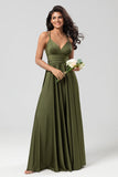 Olive A Line Spaghetti Straps Long Bridesmaid Dress with Ruffles