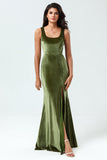 Olive Mermaid Square Neck Velvet Long Bridesmaid Dress with Slit