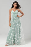 Matcha A Line Spaghetti Straps Long Bridesmaid Dress with Appliques
