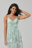Matcha A Line Spaghetti Straps Long Bridesmaid Dress with Appliques
