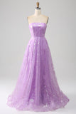 Sparkly Lilac A Line Strapless Sequin Long Ball Dress