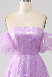 Sparkly Lilac A Line Strapless Sequin Long Ball Dress