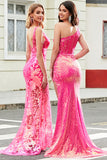 Sparkly Mermaid Deep V Neck Fuchsia Sequins Long Ball Dress with Appliques