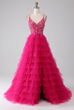 Fuchsia Princess A-Line Spaghetti Straps Sequin Tiered Long Ball Dress with Slit