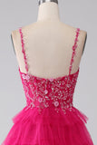 Fuchsia Princess A-Line Spaghetti Straps Sequin Tiered Long Ball Dress with Slit