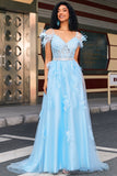 Gorgeous A Line Off the Shoulder Light Blue Corset Ball Dress with Feather
