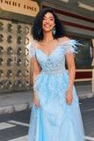 Gorgeous A Line Off the Shoulder Light Blue Corset Ball Dress with Feather