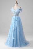 Light Blue A-Line Rhinestones Accents Corset Ball Prom Dress With Appliques