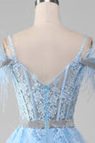 Light Blue A-Line Rhinestones Accents Corset Ball Prom Dress With Appliques