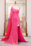 Stunning Fuchsia Mermaid One Shoulder Sequins Long Ball Dress with Slit