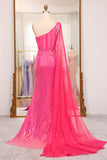 Stunning Fuchsia Mermaid One Shoulder Sequins Long Ball Dress with Slit