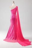Sparkly Fuchsia Mermaid One Shoulder Appliques Ball Dress With Slit