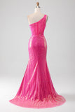 Sparkly Fuchsia Mermaid One Shoulder Appliques Ball Dress With Slit