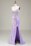 Sparkly Mermaid Light Purple Corset Ball Dress with Slit