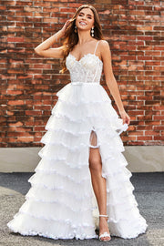 White A-Line Sparkly Sequin Ruffle Skirt Corset Tiered Ball Dress With Slit