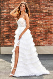 White A-Line Sparkly Sequin Ruffle Skirt Corset Tiered Ball Dress With Slit