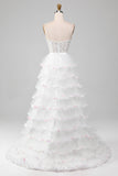 White A-Line Sparkly Sequin Ruffle Skirt Corset Ball Dress With Slit