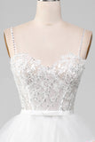 White A-Line Sparkly Sequin Ruffle Skirt Corset Ball Dress With Slit