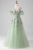 Sage A-Line Detachable Sleeves Long Corset Ball Dress with Flowers