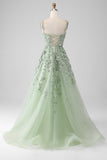 Sage A-Line Detachable Sleeves Long Corset Ball Dress with Flowers