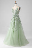 Sage A-Line Detachable Sleeves Long Corset Ball Dress with Flowers