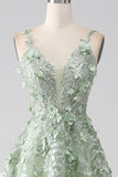 Sage A-Line Detachable Sleeves Long Corset Ball Dress with Flowers