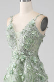 Sage A-Line Detachable Sleeves Long Corset Ball Dress with Flowers