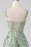 Sage A-Line Detachable Sleeves Long Corset Ball Dress with Flowers