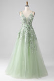 Sage A-Line Detachable Sleeves Long Corset Ball Dress with Flowers