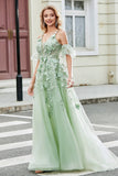 Green A-Line Spaghetti Straps Removable Sleeves Tulle Ball Dress with Appliques