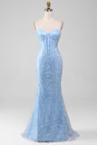 Light Blue Mermaid Sparkly Sequin Long Corset Ball Dress