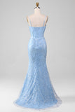 Light Blue Mermaid Sparkly Sequin Long Corset Ball Dress