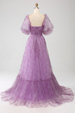 A-Line Square Neck Purple Corset Ball Dress with Half Sleeves