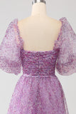 A-Line Square Neck Purple Corset Ball Dress with Half Sleeves