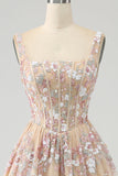 Luxurious A Line Square Neck Champagne Corset Ball Dress with Appliques