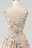 Luxurious A Line Square Neck Champagne Corset Ball Dress with Appliques