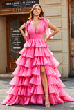 Princess A-Line V-Neck Fuchsia Tiered Ball Dress With Slit