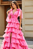 Princess A-Line V-Neck Fuchsia Tiered Ball Dress With Slit
