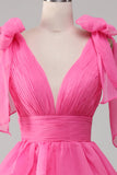 Princess A-Line V-Neck Fuchsia Ball Dress With Slit