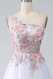 A-Line One Shoulder Pink Ball Dress with Appliques