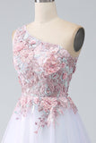 A-Line One Shoulder Pink Ball Dress with Appliques